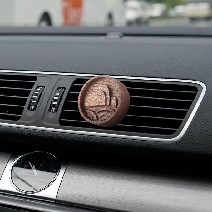 Teenyyou 4 Pcs Wooden Essential Oil Diffuser Car Aromatherapy Passive Diffuser with Vent Clip Walnut Wood Round Air Freshener Winter Gifts for Home Offices Yoga Rooms Sauna Rooms