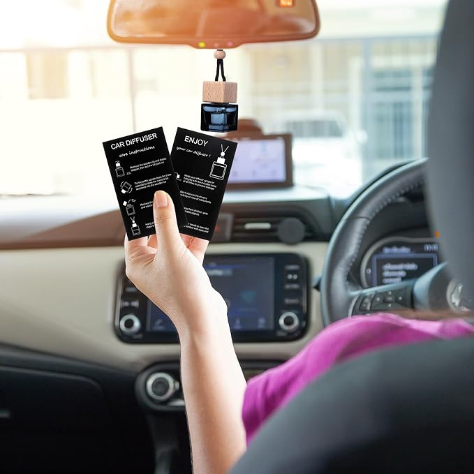 Boao 50 Sets Hanging Car Air Freshener Diffuser Bottles with 2 x 3.54 Inch Car Diffuser Instructions Cards for Empty Essential Oil Bottles(Black Card,Black Square)
