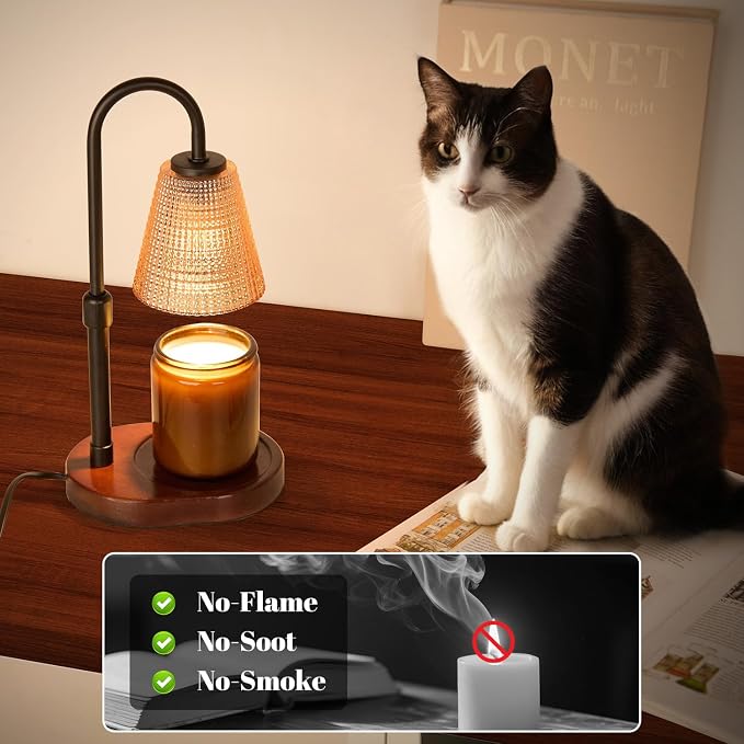 Premium Candle Warmer Lamp with Timer Dimmer-Height Adjustable Wax Melter Suitable for Any Jar Candle, Flameless Heater with Wood Base & Amber Glass,New Home Gifts for Women Mom Daughter Friend