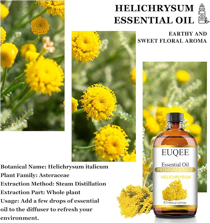 EUQEE Helichrysum Essential Oil 4 oz/118 ml Large Bottle Premium Helichrysum Oil with Glass Dropper - Great for Diffusers, Humidifier, Candle & Soap Making