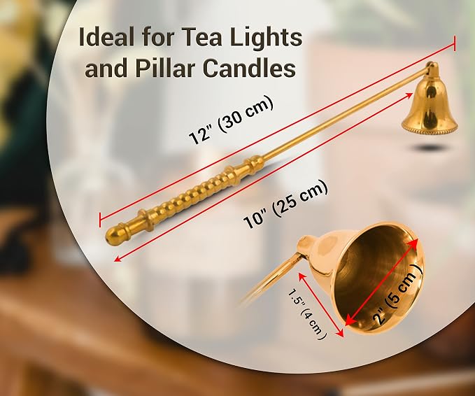ARSUK Candle Snuffer, Fire Extinguisher with Long Handle to Safely Extinguish Candles, Stainless Steel 12 x 2in (Brass Handle)