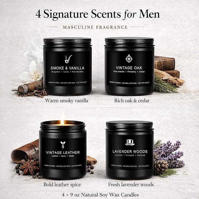 Candles for Men Gift Set, 4 Pack Masculine Scented Soy Candles for Men, Leather, Smoke, Oak & Lavender Scents, Aromatherapy Candle Gift Set for Dad, Husband, Boyfriend, Birthday, Him