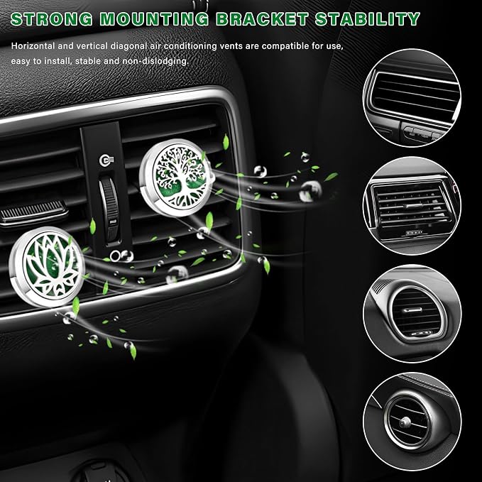 2 PCS 30mm Car Diffuser Vent Clips, Tree of Life Aromatherapy Essential Oil Diffuser Car Clip with 12 Felt Pads, Removable Stainless Steel Air Freshener Lockets for Women Men (Silver)