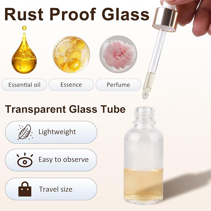Glass Dropper Bottles, Clear, 1 oz Capacity, Leak-Proof, Cylindrical Shape with Glass Eye Dropper, 12 Pack for Essential Oils, Tinctures, Aromatherapy