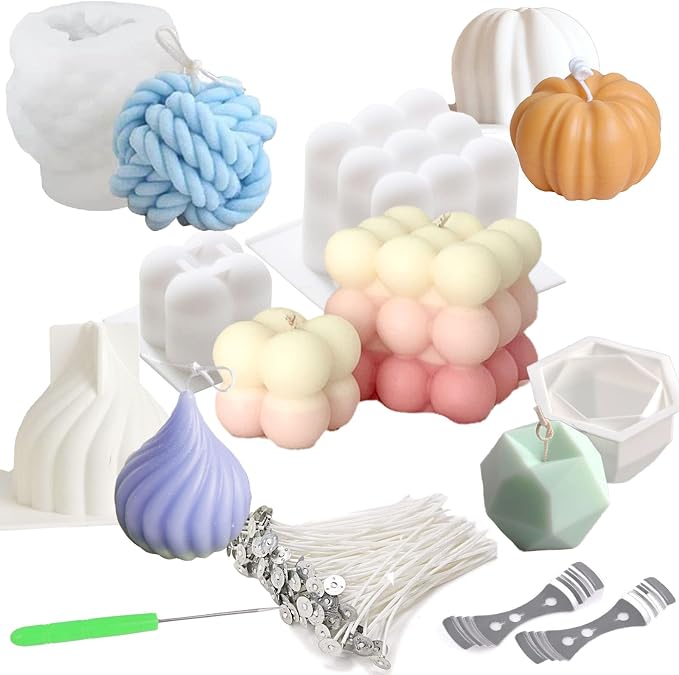 6pcs Silicone Candle Making Molds Kit Set, 3D Silicone Mold for Baking Desser, Soy Wax, Soap Geometric Pumpkin Shapes Yarn Ball Bubble Cube Molds DIY Scented Candle