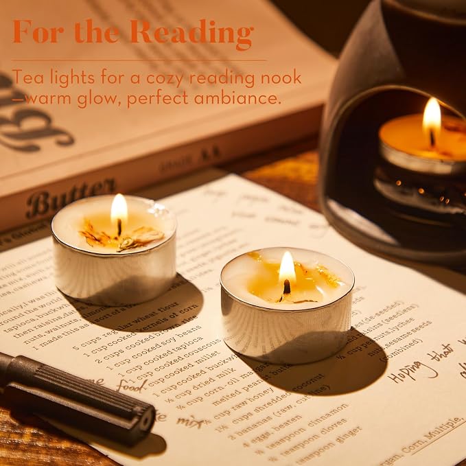 Crenovo Scented Tea Lights Candles with Dried Jasmine Flowers, 16 Pcs Soy Tealight Candles, 6-7 Hours Burning Candles Bulk for Weddings, Small Tea Light for Home, Spa