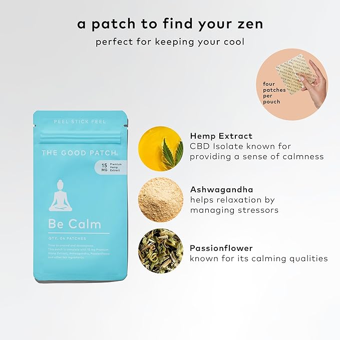The Good Patch Be Calm Patch with Hemp, Supports Relaxation, Natural Patch with Hemp Extract, Ashwagandha Root, Passionflower, Plant Powered Wearable Wellness, Sustained Release (8 Total Patches)