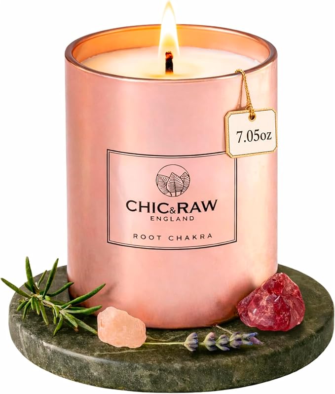 Aromatherapy Candle with Crystal Ruby Root Chakra, Scented Candle in Rose Gold, Luxury Long-Lasting Burn Natural Soy Candle for Home Scented, Unique Healing Gifts for Women,7.05oz
