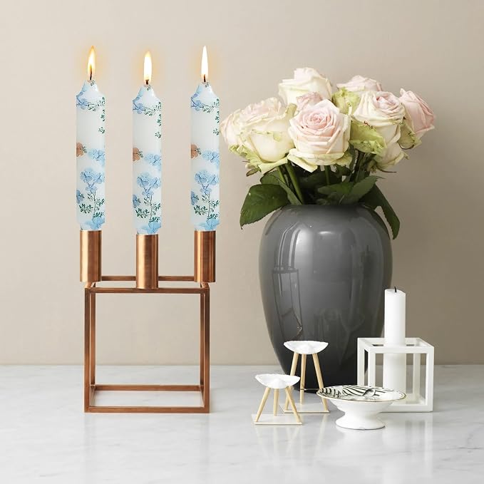 7 inch Short Candle Floral Candle Sticks Printed Candlestick Handmade Unscented Taper Candle 4 Pack Light Blue Flower Tapered Candles for Home Dinner Wedding Holiday