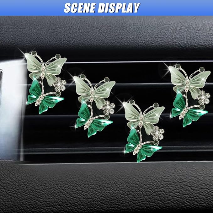 ZIMISI Car Vent Clip, Dual Butterfly Air Vent Clips, Bling Diamond Car Diffuser Clips, Cute Air Conditioning Outlet Decoration, Butterfly Car Accessories for Women (4Pcs/Green)