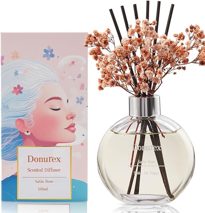 Flower Reed Diffuser Set 5.07oz Satin Rose Scent Diffuser with Sticks Home Fragrance Reed Diffuser for Bathroom Shelf Decor