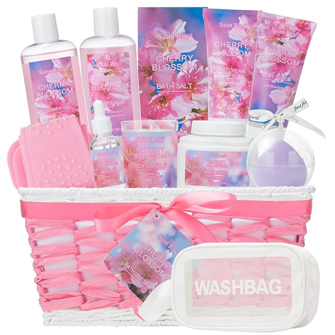 Spa Bath & Body Gift Set for Women, Large Spa Gift Set Basket for Women | Cherry Blossom Bath and Body Gift, spa kit Self Care Pampering Kit, Diffuser, Home Spa, cosmetic Bag, Birthday, Bridal Shower
