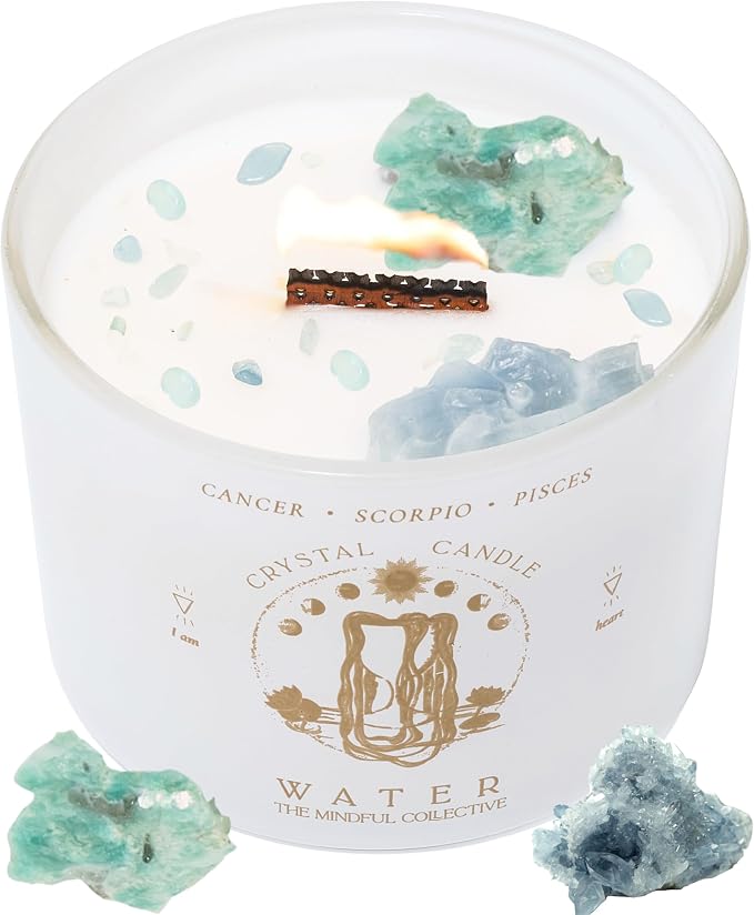 Pisces, Cancer, Scorpio Gifts for Women - 12oz Wood Wick Candles that Crackle with Crystals and Healing Stones. Healing Crystal Candles for Women Home Scented. Soy Wax, for Zodiac Birthdate