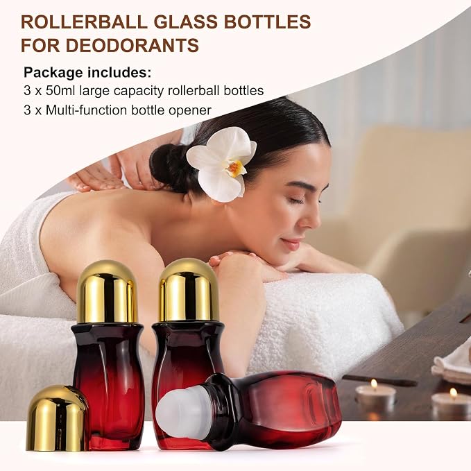 3 Pack 50ml Empty Glass Roller Bottles for Perfume, Red Gradient | Rollerball Bottles Set for Essential Oils with Plastic Roller Ball Leak Proof Refillable Deodorant Containers, Opener