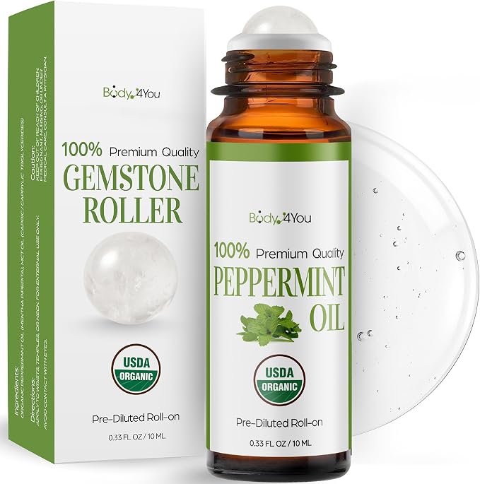 Peppermint Essential Oil Roll On for Nausea Relief Morning Sickness Pregnancy - 100% Pure USDA Organic MCT Coconut Oil - Headache Migraine Pregnant Women Safe Cooling - Gemstone Roller 10ml Travel