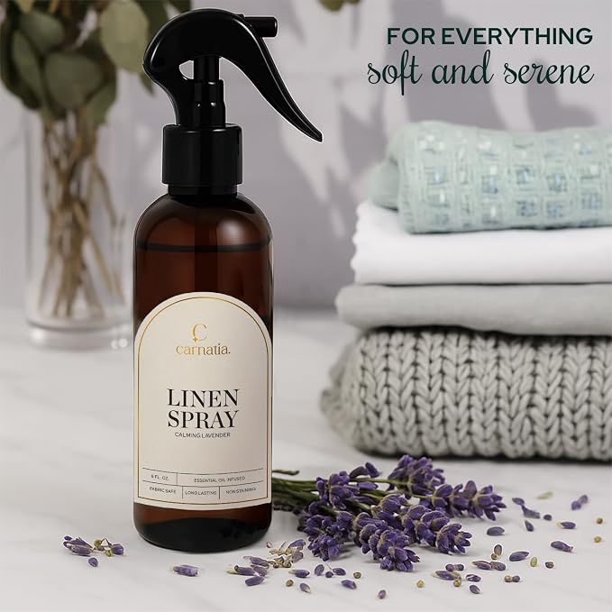 Carnatia Lavender Linen Spray – Calming Aromatherapy Mist with Essential Oils | Relaxing Fabric & Room Spray for Linens, Bedding & Curtains | 8 fl oz Bottle for Soothing Comfort