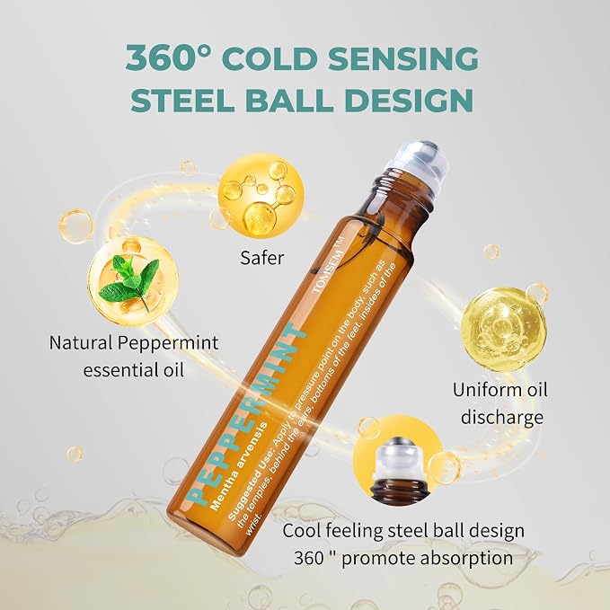 Peppermint Essential Oil Roll On, Mint Aromatherapy Rollerball, Cooling & Refreshing Scent for Travel, Focus, Relaxation, Easy-Apply Essential Oil Roller, 10ml/0.33 Fl Oz
