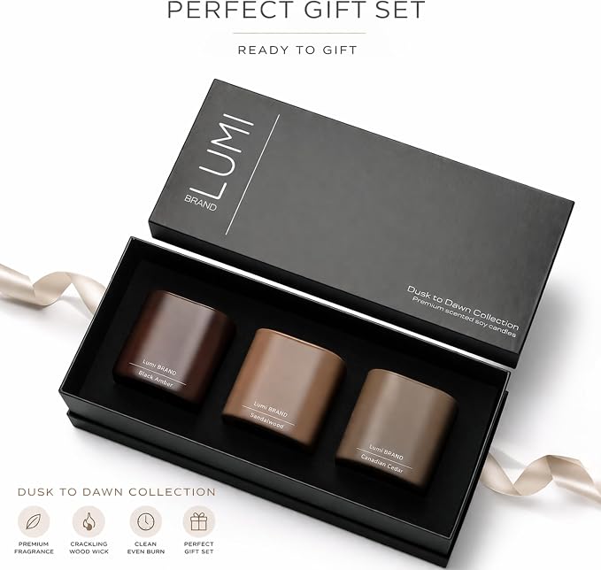 Set of 3 Premium Scented Soy Candles Gift Set | Dusk to Dawn Collection - Canadian Cedar, Black Amber & Sandalwood | Crackling Wood Wick | Luxury Candles for Relaxation, Home Décor, Gifts | 9.8oz Each