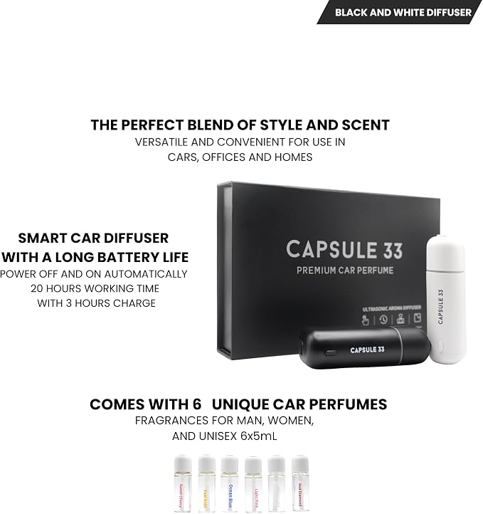 Car Perfume Diffuser, (UPGADED) Air freshener, Waterless Diffuser, Smart Ultrasonic Air Freshener with 6 Premium Fragrances, Automatic (On/Off), Car Gift for Men and Women (Black)