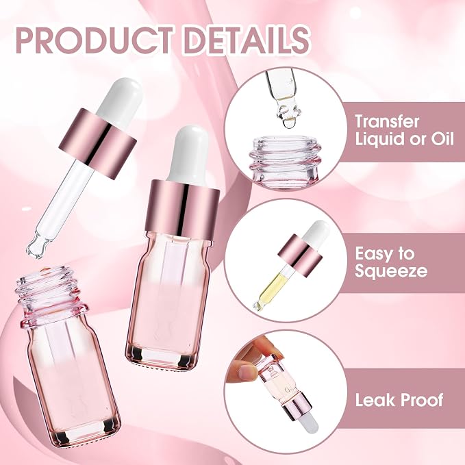 Patelai 48 Pcs 5 ml/ 0.2 oz Frosted Glass Dropper Bottles Essential Oil Bottles with Eye Dropper and Bamboo Lids Perfume Sample Essence Liquid Cosmetic Containers and Funnels (Rose Gold)