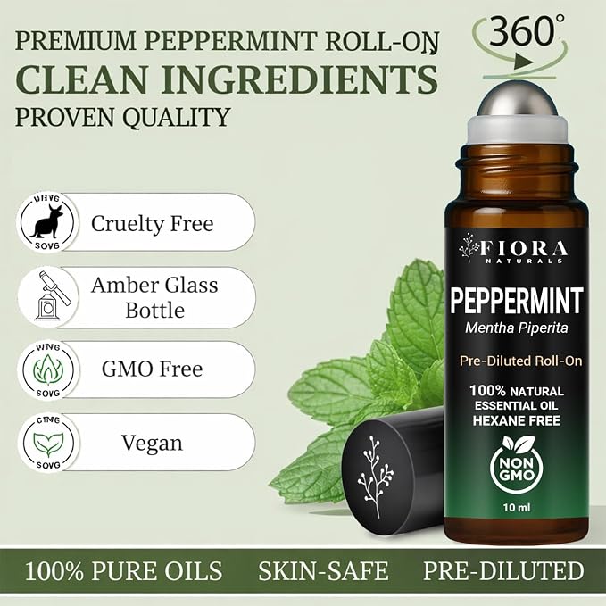Peppermint Essential Oil Roll On – Cooling Aromatherapy Peppermint Oil Rollerball, Pre-Diluted Essential Oil Roller for Head, Travel & Everyday Refresh, 100% Natural, Compact Roll On Stick