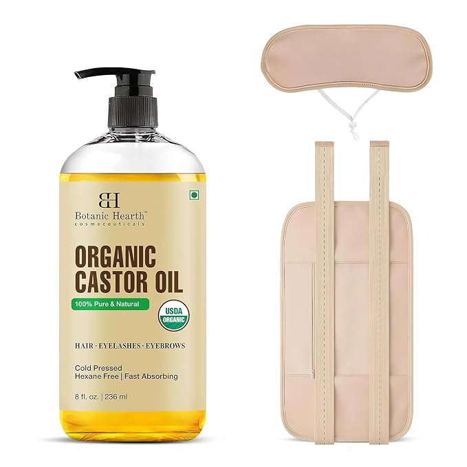 Botanic Hearth 100% Pure Castor Oil with Wrap Kit | Cold Pressed Oil for Hair & Body | Reusable Cotton Belly, Stomach & Neck Wrap | Hydrating Care for Dry Hair & Skin | 8 fl oz