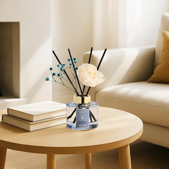Airkeep Flower Reed Diffusers Set, 5.07 oz Wild Mint&Eucalyptus Scented Oil Diffuser with 8 Reed Sticks, Home Fragrance Diffuser Gift Set for Bathroom & Office Decor 150ml