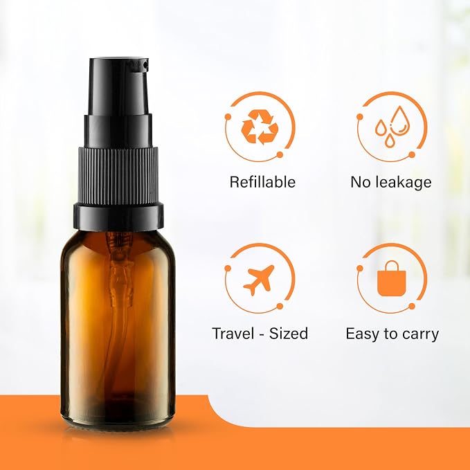 VitalUp 5 Pack Empty Refillable Glass Amber Pump Bottle Ideal for Lotion Cream Essential Oil Travel Small Container,15ml