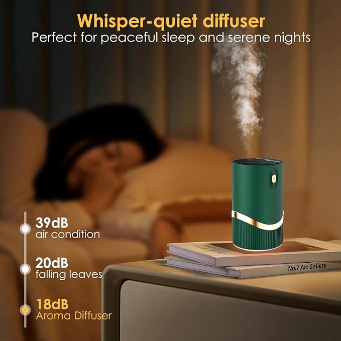 Waterless Essential Oil Diffuser Rechargable: Portable Aromatherapy Diffuser for Car and Home - 1/2/4/6H/Time Off 4 Mist Level for Room Office Bedroom (Green)