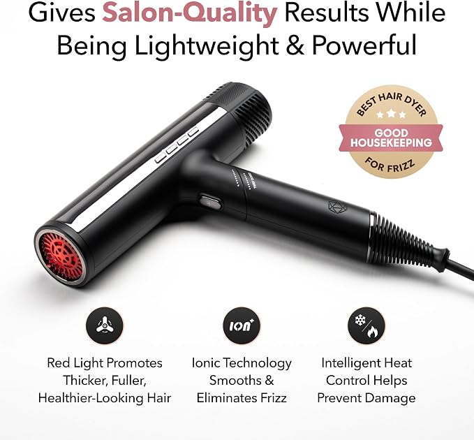 SRILabs DryQ “Smart” Hair Dryer - Super Lightweight, Foldable - Powerful, Quiet Motor - Infrared and Ionic Technology - 3 Magnetic Attachments - Heat Control with Locking Switch