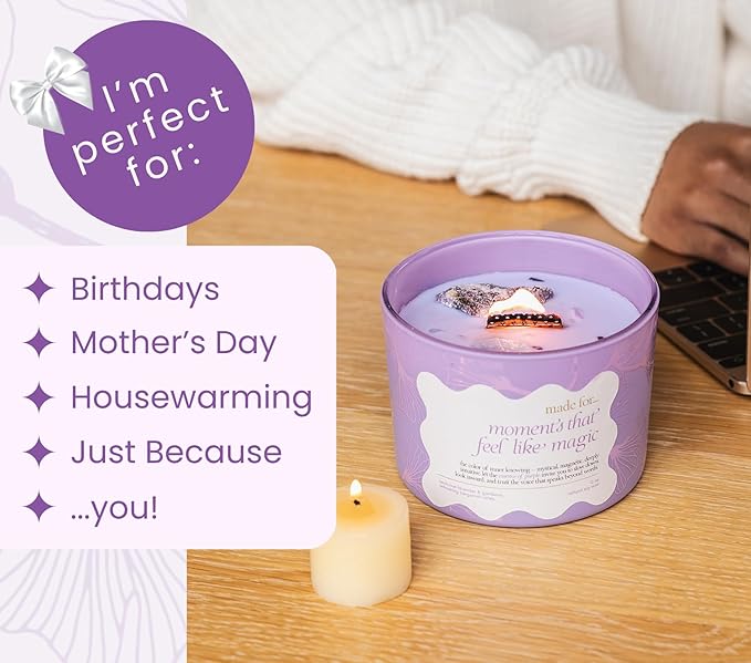 Purple Crystal Candle for Women – 12oz Large Luxury Soy Wax with Crackling Wood Wick, Slow Burn Meditation with Healing Crystals, Birthday or Mother’s Day Gift