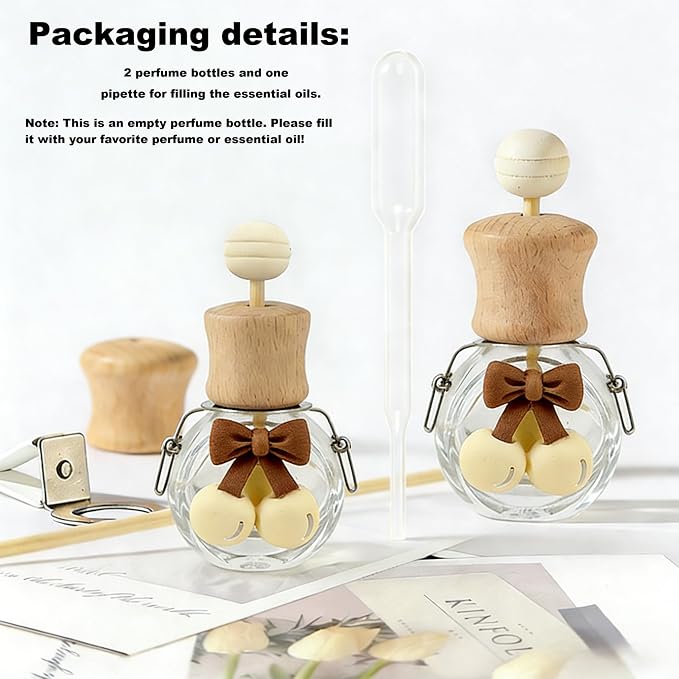 2 Pack Bow Refillable Car Vent Clip Diffuser Empty Glass Bottle | Wood cap aroma bottle with dropper, DIY essential oil freshener for car closet home bathroom