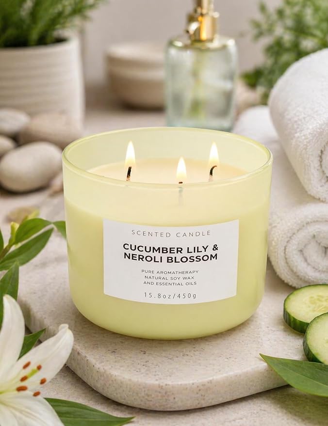 Cucumber Lily & Neroli 3-Wick Soy Floral Scented Candle for Women, 15.8oz | Orange Blossom & Citrus Notes, Aromatherapy, Large Jar, Clean Burn, Home, Bath & Bedroom, Gift for Her, Housewarming