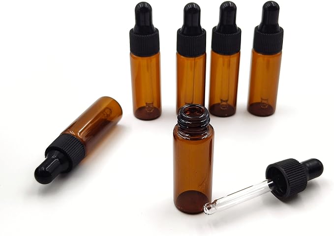 15Pcs 5ml Empty Tiny Amber Glass Mini Dropper Bottles for Essential Oils, Fragrances, and Other Liquids, with Dropper and Black Caps Travel Sample Vials