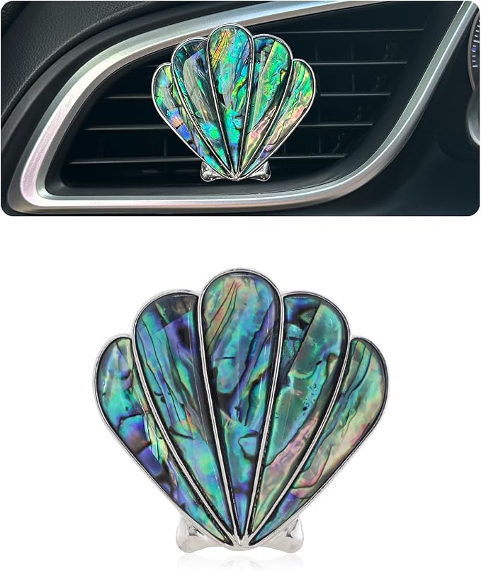 ORIESSE Seashell Car Decor,Coastal Car Air Freshener,Iridescent Abalone Seashell Air Vent Clips,Ocean Themed Car Interior Dashboard Accessories,Girly Refillable Diffuser