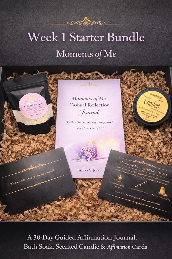 Moments of Me® Ritual Bundle – Week 1 Starter Kit | Self-Care Gift Set with Journal, Luxury Pen, 8 oz Candle & Botanical Bath Salts | Mindfulness, Relaxation & Stress Relief Kit