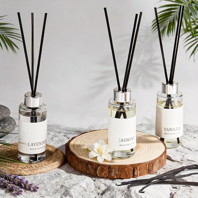 Reed Diffuser Set of 3, Jasmine, Lavender & Vanilla Scented Oil Diffusers with 15 Reeds, Long-Lasting Home Fragrance for Bedroom & Bathroom Decor, 1.7 fl oz Each, Total 5.1 oz