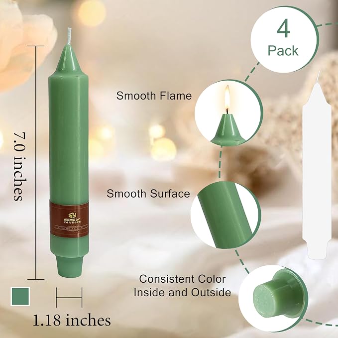 Sage Green Short Taper Candle 7 Inch Candlesticks Unscented Dripless Tapered Candle Set for Home Decor Wedding Party Dinner Candles, 4 Pack