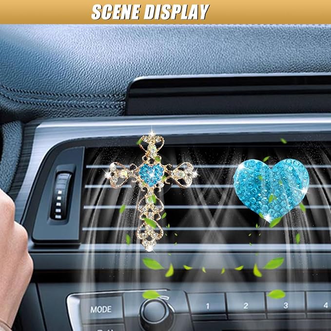 2PCS Bling Cross & Heart Car Dashboard Air Vent Trim Clip, Sparkly Rhinestone Car Air Vent Clips, Diamond Auto Diffuser Charm Clip, Auto Interior Decoration Accessory for Women Girls (Blue)