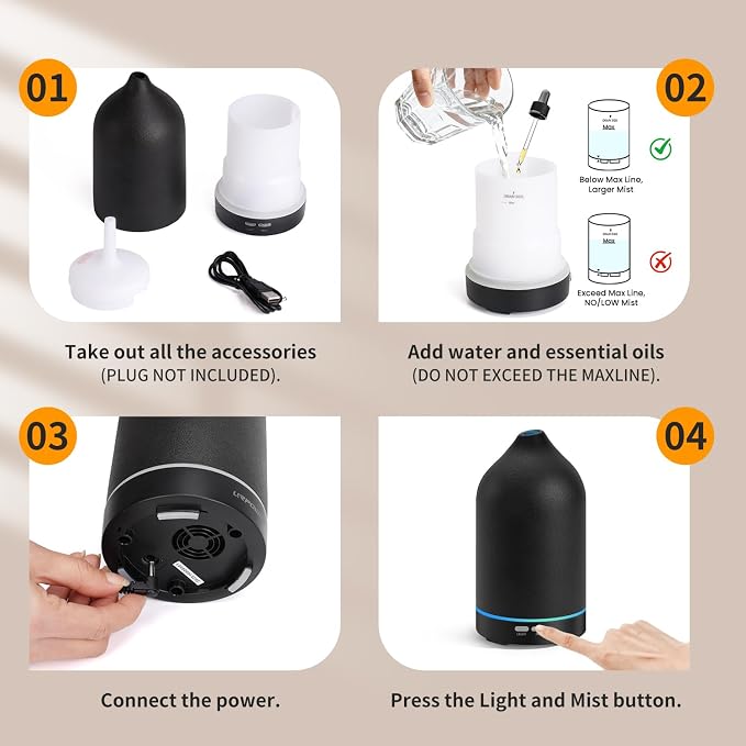 URPOWER 120ML Essential Oil Diffuser, Ultrasonic Aromatherapy Diffuser with Sleek Black Ceramic Design, 7-Color LED Lights, Auto Shut-Off, Humidifier for Home & Office, Scent Diffuser for Relaxation