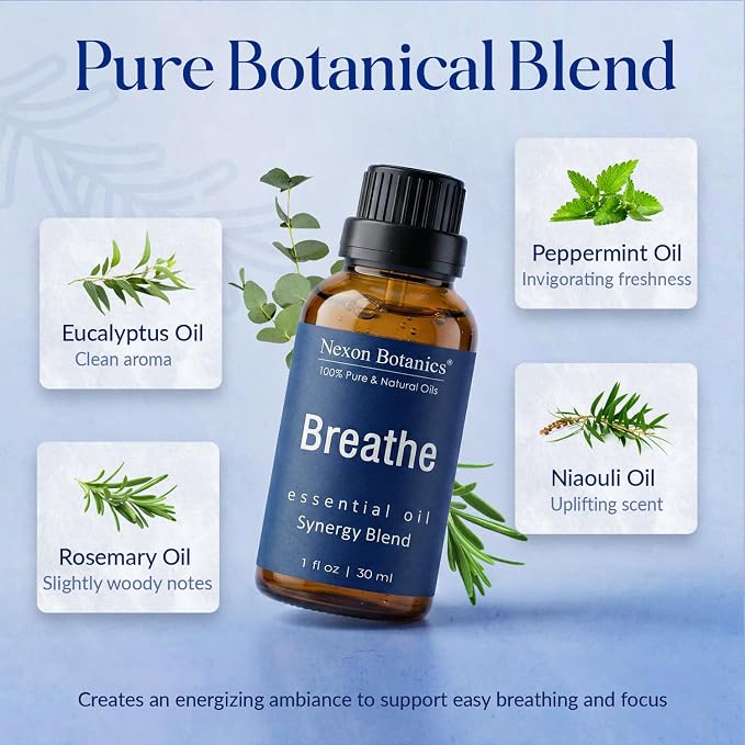 Breathe Essential Oil Blend 30 ml - Breath Sinus Relief with Menthol Oils - for Humidifiers, Diffusers, and Aromatherapy - Nexon Botanics