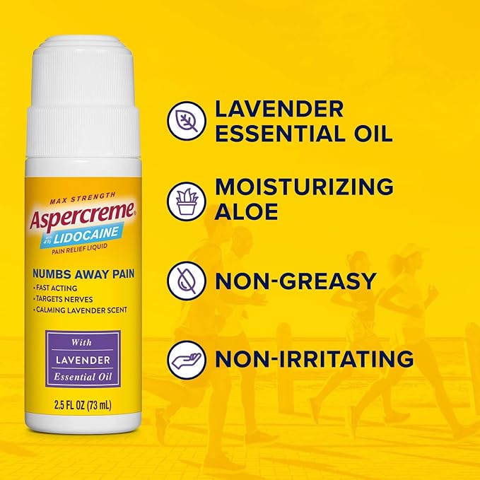 Aspercreme Essential Oils Lidocaine Pain Relief with No-Mess Roll-On Applicator, Max-Strength Lidocaine Numbs Away Nerve Pain, Moisturizing Aloe Hydrates Skin, Lavender, 2.5 Oz., 2pk