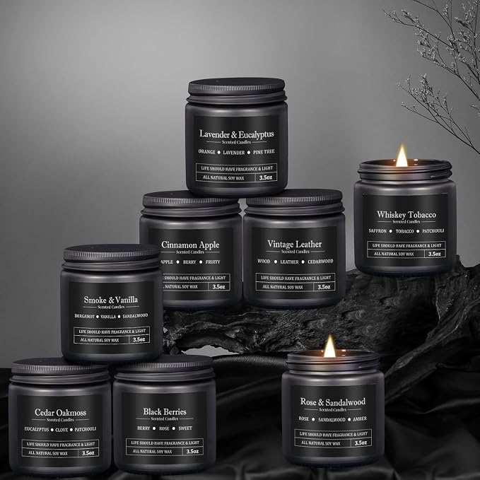 8 Pack Scented Candles for Men, Masculine Candle Gift Set with Smoky & Woody Scents, Soy Wax Aromatherapy Candles for Home, Birthday Gift for Him, Boyfriend, Spring Candles