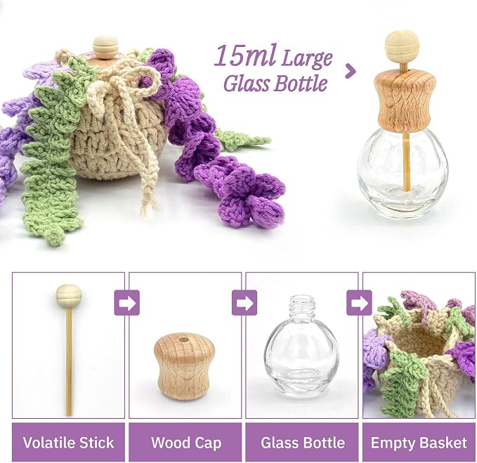 Crochet Car Air Freshener, 15ml Empty Refillable Oil Diffuser Bottle with Crochet Violet Hanging Plant for Car Rearview Mirror Decor, Handmade Home&Office Decor