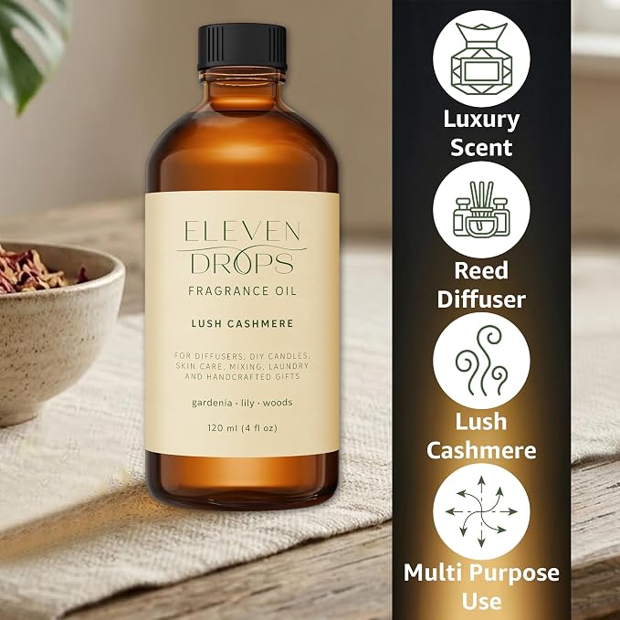 Lush Cashmere Fragrance Oil | Gardenia, Lily & Woods Notes | Long Lasting Scent Reed Diffuser Oil for Home, Office, Hotel, Spa, Car & Linen Spray | Pet Friendly IFRA Compliant, 4 oz