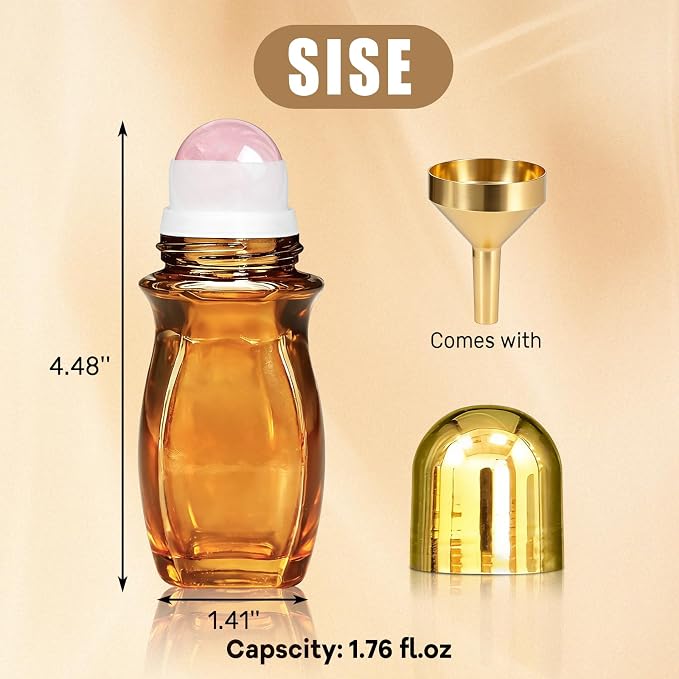 2 Pack Rose Quartz Roller Waisted & Straight Bottles for Oils, 50ml Refillable Amber Glass Roll On Bottles with Natural Crystal Roller Balls, Leak-Proof Travel Perfume Bottle with Gold Caps