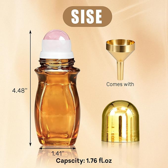 Rose Quartz Roller Bottles for Essential Oils, 50ml Refillable Waist Amber Glass Roll On Bottles with Natural Crystal Roller Balls, Leak-Proof Travel Perfume Bottle with Gold Caps