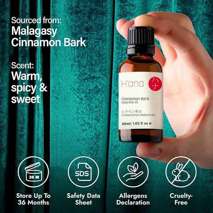 H'ana Cinnamon Bark Oil - 1.02 Fl Oz Cinnamon Bark Essential Oil for Hair, Skin, Diffuser, Aromatherapy & DIY