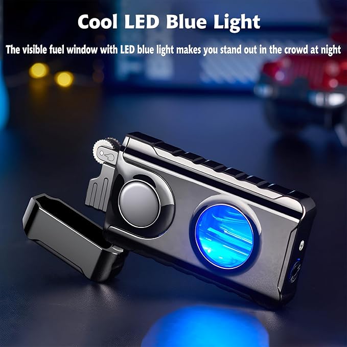 Torch Lighter, Creative Dual Flame Lighter with 6pcs Flint Stone, Windproof Lighter with Visible Fuel Tank, Adjustable Soft Flame and Jet Flame 2 in1,Refillable Butane Lighter for Gifts Men-Ice Blue