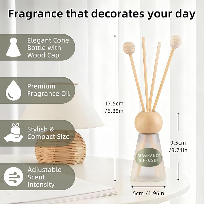 Reed Diffuser Set, Freesia Scent with Reed Sticks, 1.7 fl oz / 50ml Cone-Shaped Bottle with Round Wooden Cap, Ideal for Bathroom, Bedroom, Office, Home Fragrance for Shelf Decor Air Freshener